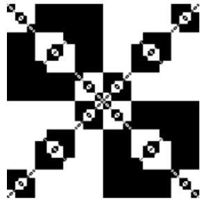 Figure 2. A Binary Fractal. Notice the plus sign rotated into an X, with the fractal repetitions mimicking chaos. This image is courtesy of Mark Dow